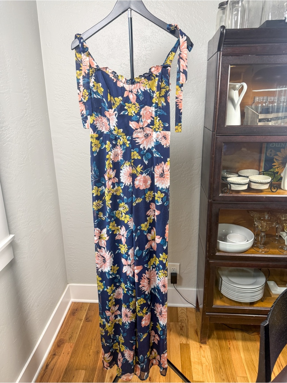 Lulus Navy Floral Tie Shoulder Wide Leg Jumpsuit Pockets Size S